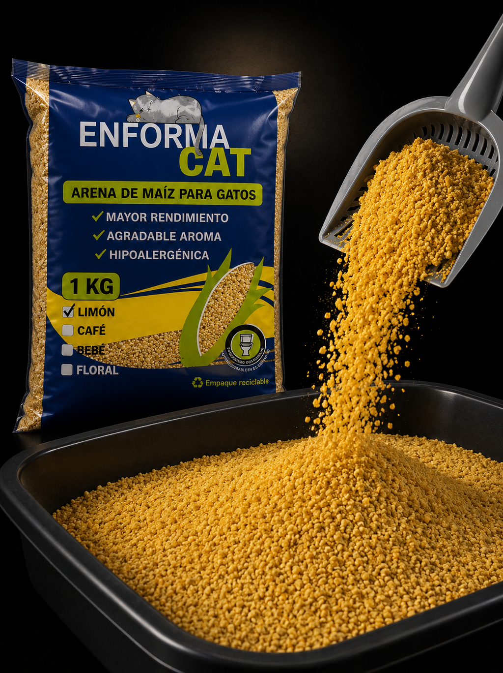 Arena de Maíz para Gatos Enforma Cat | Hipoalergénica y Control de Olores | Presentación 1 kg y 4 kg | SPOTMASCOTAS