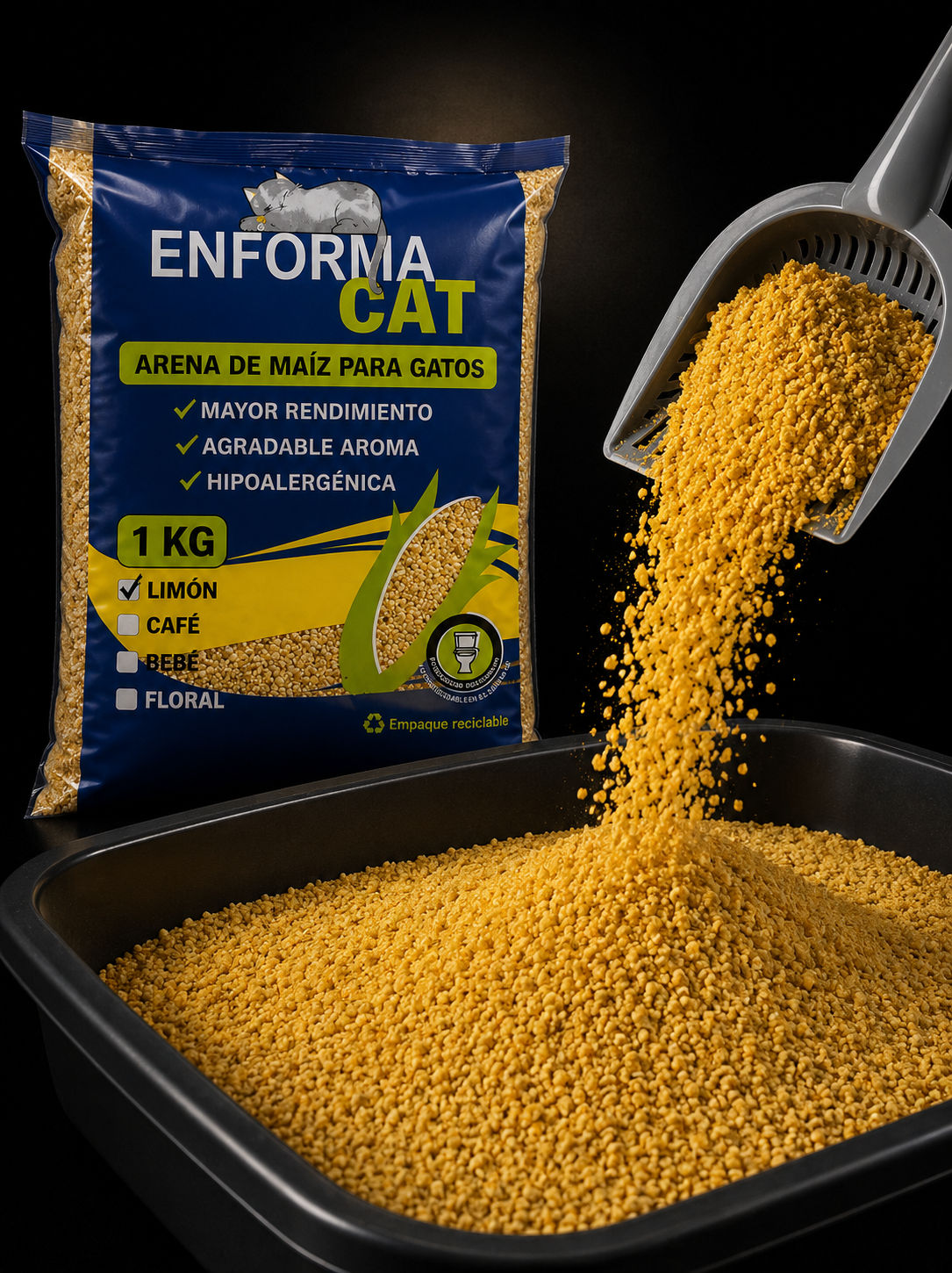 Arena de Maíz para Gatos Enforma Cat | Hipoalergénica y Control de Olores | Presentación 1 kg y 4 kg | SPOTMASCOTAS