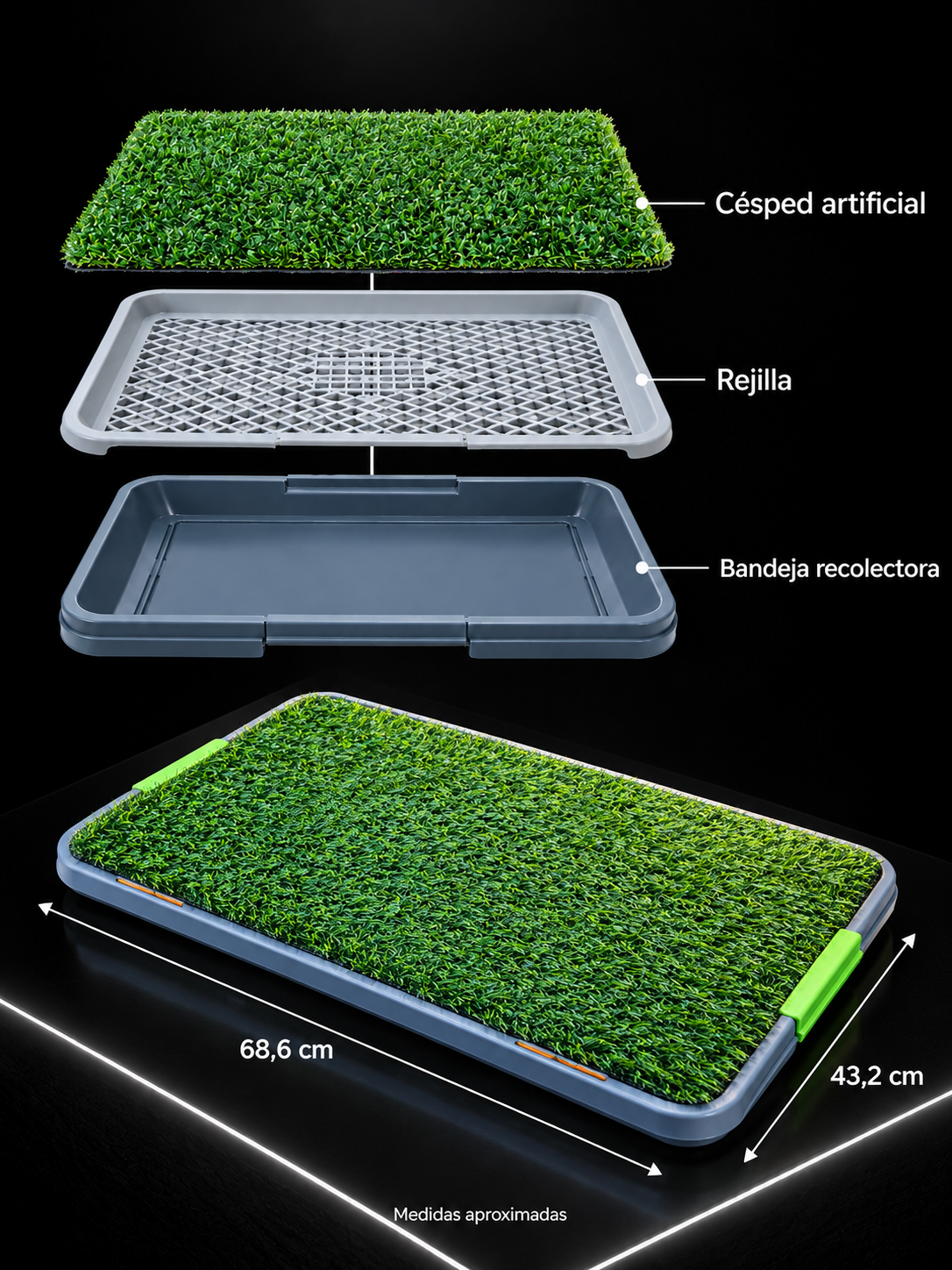Baño Sanitario Grande para Perros con Césped Artificial | Tapete de Entrenamiento con Rejilla y Bandeja Recolectora 68,6 x 43,2 cm | SPOTMASCOTAS
